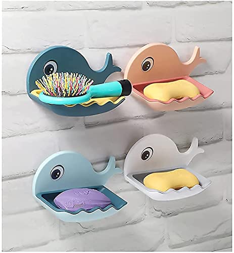 MAPPERZ Fish Shape Soap Stands for Bathroom/ Double Layers Plastic Adhesive Waterproof Wall Mounted Bar Soap Dish Holder Rack for Shower Wall, Kitchen, Bathroom (Pack of 4)