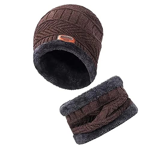 MAPPERZ Winter Stylish Woollen Knit Beanie Hat Neck Warmer Scarf Muffler Slouchy Snow Knit Skull Fleece Lined Cap with Fur Inside, Mittens Set for Unisex (Dark Brown1 Cap)