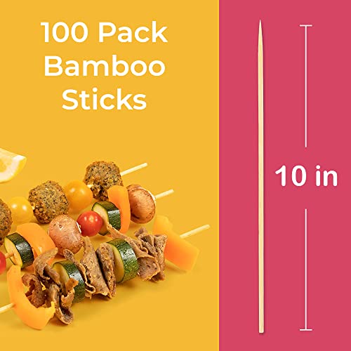 MAPPERZ 10 Inch 100 Bamboo Skewers for BBQ, Appetiser, Fruit, Cocktail, Kabob, Choco Fountain, Grilling, Roaster, Kitchen, Corn, Burger, Sausage, with 12 Stainless Steel BBQ Barbecue Skewers