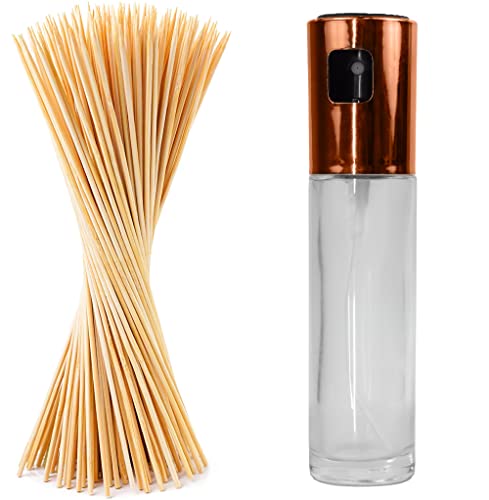 MAPPERZ 10 Inch 100 Bamboo Skewers for BBQ, Appetiser, Fruit, Cocktail, Kabob, Choco Fountain, Grilling, Roaster, Kitchen, Corn, Burger, Sausage, with Oil Spray Glass Bottle 100ml
