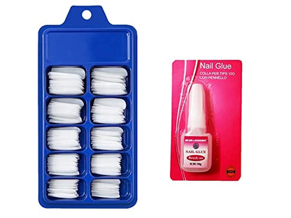MAPPERZ 100 Fake False White Artificial Fingernail Nails Acrylic Tips Manicure Full Cover Nail Decorations for Women Girls, With Big Nail Glue For Acrylic Nails, Combo Of 100 Pc Nails & Nail Glue