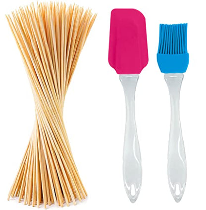 MAPPERZ 10 Inch 100 Natural Bamboo Skewers for BBQ, Appetiser, Fruit, Cocktail, Kabob, Choco Fountain, Grilling, Roaster, Kitchen, Corn, Burger, Sausage, with 1 Silicone Oli Brush & 1 Spatula