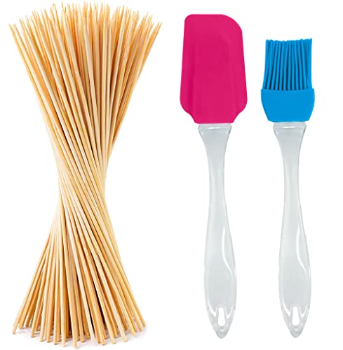 MAPPERZ 10 Inch 100 Natural Bamboo Skewers for BBQ, Appetiser, Fruit, Cocktail, Kabob, Choco Fountain, Grilling, Roaster, Kitchen, Corn, Burger, Sausage, with 1 Silicone Oli Brush & 1 Spatula