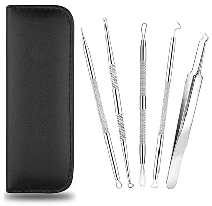 MAPPERZ 5 in 1 Stainless Steel Blackhead Remover Tool Kit with Case/Anti Slip Blackhead Tweezers Pimple Removal Tool Acne Needle Set