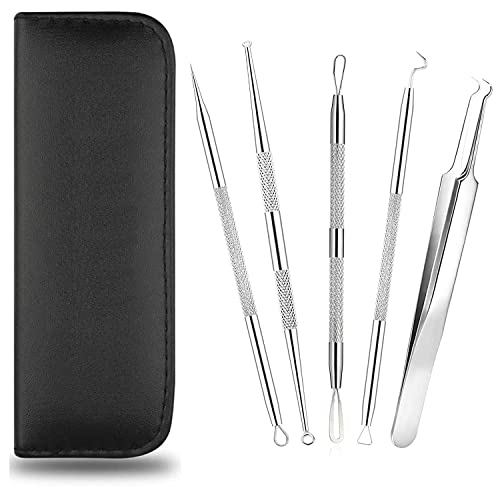 MAPPERZ 5 in 1 Stainless Steel Blackhead Remover Tool Kit with Case/Anti Slip Blackhead Tweezers Pimple Removal Tool Acne Needle Set