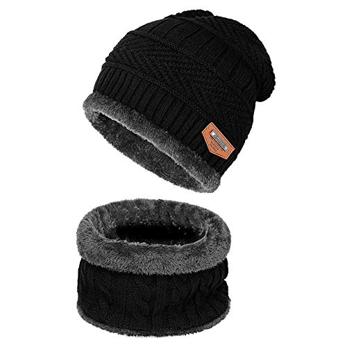 MAPPERZ Winter Stylish Woollen Knit Beanie Hat Neck Warmer Scarf Muffler Slouchy Snow Knit Skull Fleece Lined Cap with Fur Inside, Mittens Set for Unisex, Adult, Black Color,1 Cap and Scarf