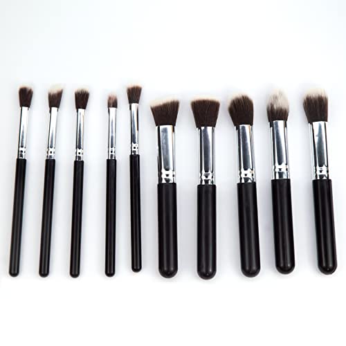 MAPPERZ Foundation Powder Blush Concealer Contour Brushes, Perfect For Liquid, Cream or Mineral Products, Premium Synthetic Bristles For Eye and Face Cosmetic, Black Color, Pack of 10