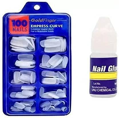 Mapperz Artificial Nails Set With Nail Glue Women Professional Artificial 100 Nail White False Nails (100 Nails with 1 Glue)