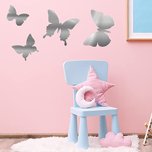 MAPPERZ Butterfly Mirror Wall Stickers, Removable Acrylic Mirror, Silver Self Adhesive Mural Stickers Decal for Home, Room, Living Room, Bedroom, Dining Room Decoration, Pack of 4 Butterflies