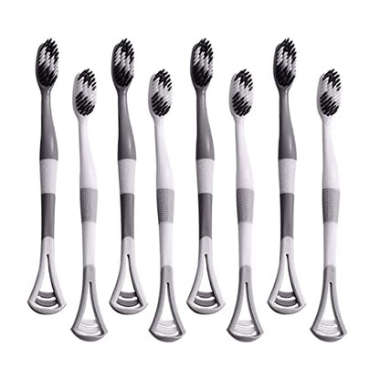 MAPPERZ 2 in 1 Soft Bristle Toothbrush and Tongue Cleaner with Storage Box for Travelling Reusable Toothbrush and Tongue Cleaner Set (8 pcs, White and Gray)