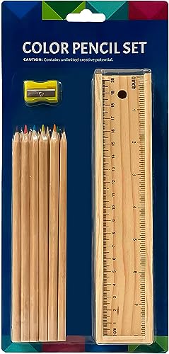 MAPPERZ Wooden Pencil Set Box with 12 Different Crayon Vibrant Ruler Colour Pencils with Soft Core 2 Scales with Centimeters and Inches 1 Sharpener for Architect Artist Kids Designer Case