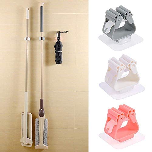 MAPPERZ Self Adhesive Holder Wall Mounted Seamless Broom Hanger Clip Storage Racks, Hanging Punch Bathroom Stickers Mop Rack Multicolour pc2
