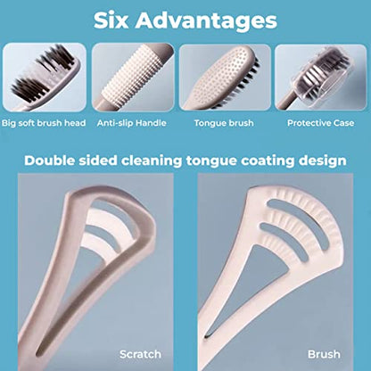 MAPPERZ 2 in 1 Soft Bristle Toothbrush and Tongue Cleaner with Storage Box for Travelling Reusable Toothbrush and Tongue Cleaner Set (8 pcs, White and Gray)