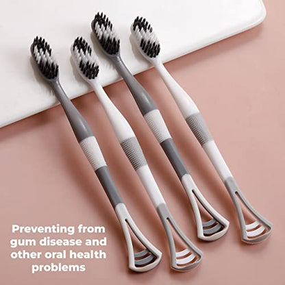 MAPPERZ 2 in 1 Soft Bristle Toothbrush and Tongue Cleaner with Storage Box for Travelling Reusable Toothbrush and Tongue Cleaner Set (8 pcs, White and Gray)