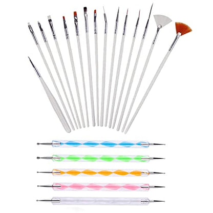 MAPPERZ 15 Pieces Nail Art Brush Set for Detailing, Striping, Blending, Nail Art, 3D-Gel Painting, 1 Set Dotting Pen For Fan and Liner, 5Pcs 2 Way Dotting Pen Tool Set Nail Art Tip, Multicolor