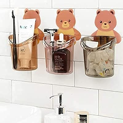 MAPPERZ Teddy Bear Wall Mounted Toothbrush Holder Case Multipurpose Plastic Cup with Strong Adhesive Cute Stickers for Bathroom Kitchen Wash Basin (BrownColor)