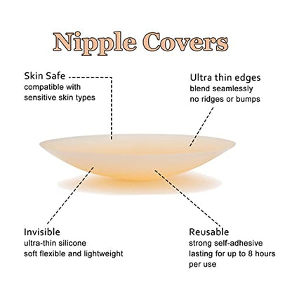 MAPPERZ Adhesive Reusable Nipple Cover for Women's and Girls, Sticky Silicone Nipple Pasties Sticker, Invisible Sticky Breast Petal, Breast Cover Bra Liner, Thin Silicone Bra Pad, Nude Color