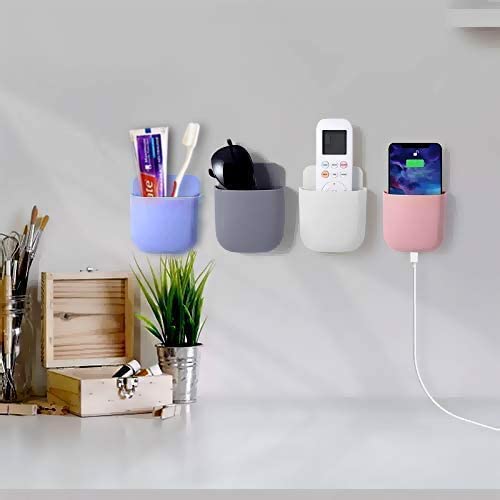 MAPPERZ Wall Stand Mobile Holder Mount Phone/Multi Purpose Plastic Storage Case Box Organiser for TV AC Remote Toothbrush Pen Charger Plug with Sticker (Mixed Colors Pack of 2)