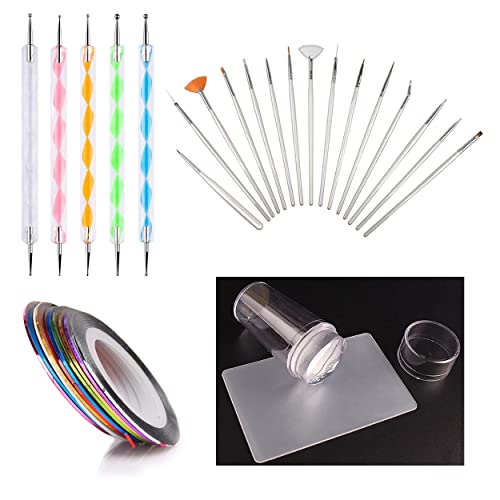 MAPPERZ 15 Pieces Nail Art Brush Set for Detailing, Striping, Blending, 10 Rolls Self Adhesive Nail Striping Tape Line, 5 pc 2 Way Dotting Pen Tool For Nail Art, 1 Nail Art Clear Silicone Stamper