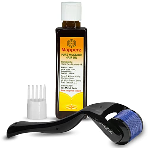 MAPPERZ derma roller 0.5mm for hair regrowth, needle roller hair growth with 540 Titanium micro needles for Scalp, Face & Beardm, 100% Pure Mustard Hair Oil for Hair Growth & Reduces Hair Fall, 100ml