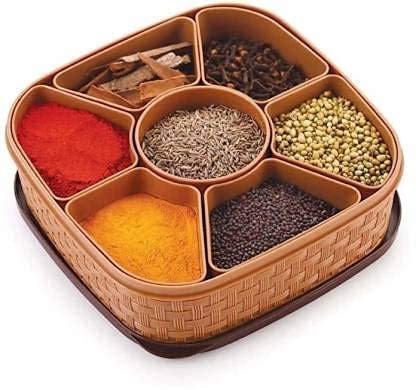 MAPPERZ Plastic Masala Rangoli Box for Keeping Spices Box for Kitchen Stylish Rangoli Dabba Container Multipurpose Masala Dabba 7 Sections Box Set - Brown (Masala Box - 7 in 1)