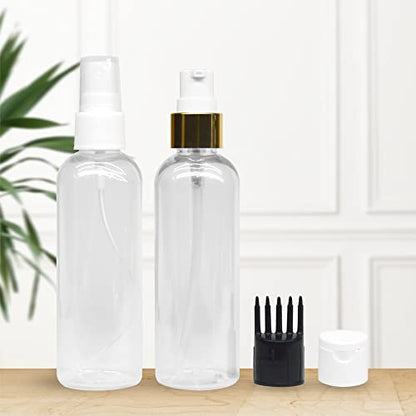 MAPPERZ 2 Cylindrical Shape Bottle Durable Refillable Containers With 1 Pump Bottles Dispenser, 1 Spray Atomizer, 1 Root Comb Applicator And Filp Top Cap, For Perfume, Liquids, Shampoo, Body Soap