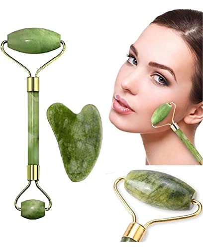 MAPPERZ Double Sided Stone Face Roller /100% Natural Jade Stone Facial Roller Massage with Gua Sha Tool for Face/Eyes/Neck Face Roller Anti Aging, Face Beauty Set for Eye Anti-Wrinkle and Eye Puffiness for Women, (1PC)