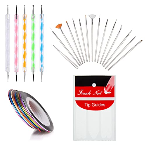 MAPPERZ 15 Pieces Nail Art Brush Set for Detailing, Striping, Blending, 10 Rolls Self Adhesive Nail Striping Tape Line, 10 Sheets Of Manicure Tip Guide, 5 pc 2 Way Dotting Pen Tool For Nail Art