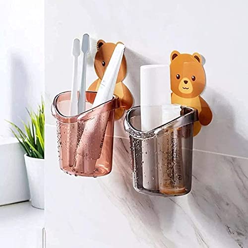 MAPPERZ Teddy Bear Wall Mounted Toothbrush Holder Case Multipurpose Plastic Cup with Strong Adhesive Cute Stickers for Bathroom Kitchen Wash Basin (BrownColor)