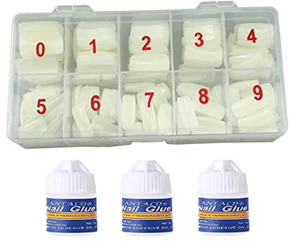 MAPPERZ Artificial Nails with Glue/ 500 Pcs French Long Acrylic False Nails/ Artificial Natural Colour Nail Art Tips With 3 Bottles Nail Glue - White
