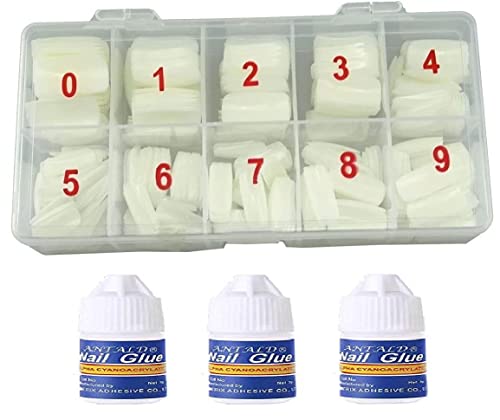 MAPPERZ Artificial Nails with Glue/ 500 Pcs French Long Acrylic False Nails/ Artificial Natural Colour Nail Art Tips With 3 Bottles Nail Glue - White