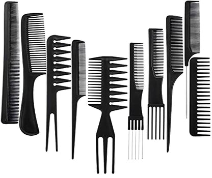 MAPPERZ Multipurpose Professional Hair Comb Set/ Kangi Set Hair brush for Hair Cutting and Styling - Pack of 10 (Black)