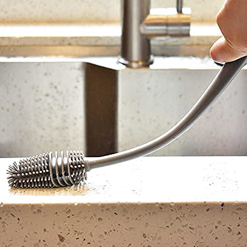 Long Bottle Cleaning Brush for Washing Water Bottle, Narrow Neck Containers, Hydro Flask, Vacuum Sports Bottle, Vase and Glassware - 33 cm, Grey
