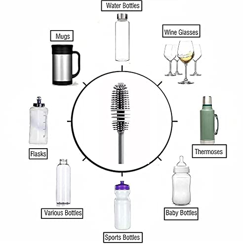 Long Bottle Cleaning Brush for Washing Water Bottle, Narrow Neck Containers, Hydro Flask, Vacuum Sports Bottle, Vase and Glassware - 33 cm, Grey