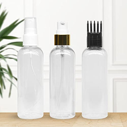 MAPPERZ 3 Cylindrical Shape Bottle Durable Refillable Containers With 1 Pump Bottles Dispenser, 1 Spray Atomizer And Root Comb Applicator, For Perfume, Liquids, Shampoo, Body Soap, Lotion, Cream