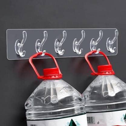 MAPPERZ Adhesive Stronger Plastic Wall Hangers Hooks for Hanging Robe, Coat, Bags, Lights, Calendars,Towel, Keys, Oil-Proof Heavy-Duty for Bathroom Kitchen 6 in 1 Hook Holder Pack of 2