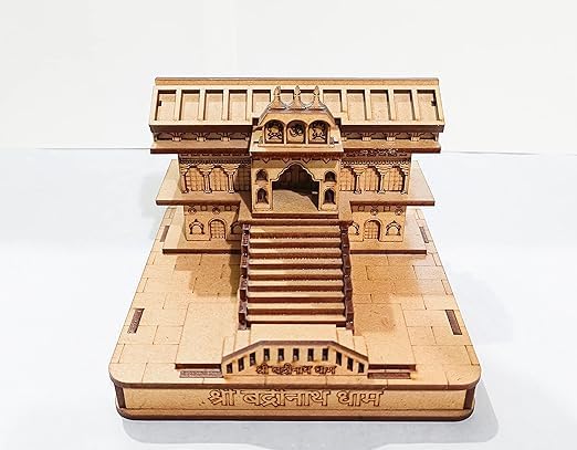 MAPPERZ Wood 3D Badrinath Temple The Place of Peace in Wood Miniature Small | Hand Crafted Wooden Shri Badrinath Temple for Gifting, ShowPiece, Temple, Car Dashboard (Beige)