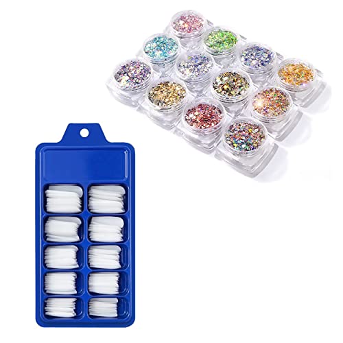 MAPPERZ 12 Jars Fine Glitter Set, 100 Fake White False Nails Artificial Fingernail Acrylic Tips, 12 Color Art and Craft Glitter, Eyeshadow Makeup Nail Art Glitter, Combo Of 12 Glitter & 100 Pc Nails
