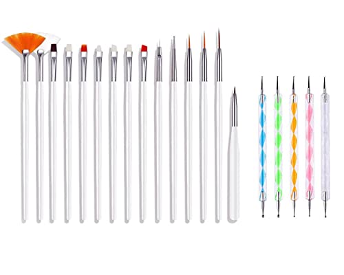 MAPPERZ 15 Pieces Nail Art Brush Set for Detailing, Striping, Blending, Nail Art, 3D-Gel Painting, 1 Set Dotting Pen For Fan and Liner, 5Pcs 2 Way Dotting Pen Tool Set Nail Art Tip, Multicolor
