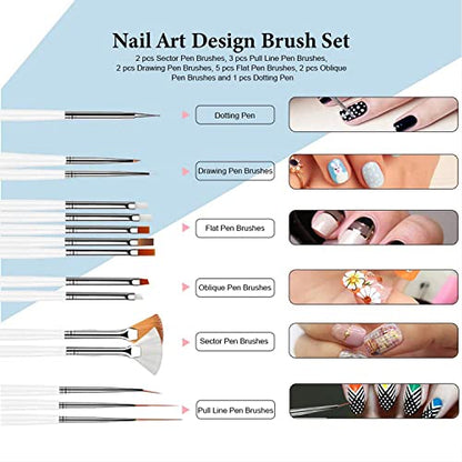 MAPPERZ 15 Pieces Nail Art Brush Set for Detailing, Striping, Blending, Nail Art, 3D-Gel Painting, 1 Set Dotting Pen For Fan and Liner, 5Pcs 2 Way Dotting Pen Tool Set Nail Art Tip, Multicolor
