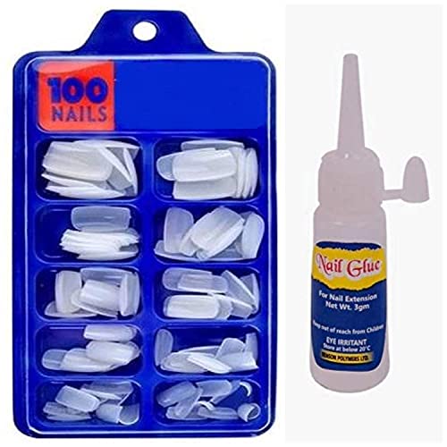MAPPERZ Artificial White Nails Set With Glue/ Reusable Fake Nails Set/ False Nails - 100 Pcs