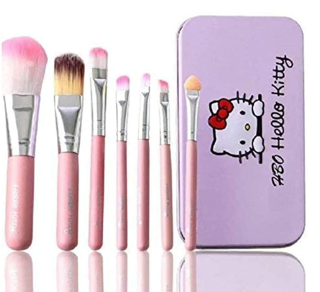 MAPPERZ Makeup Brush Set with Hello Kitti Print Storage Box/Anti Microbial Foam Makeup Brush - Pink and Black (Set of 7)