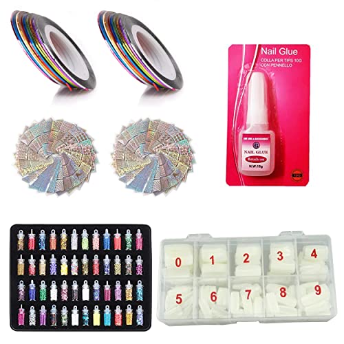 MAPPERZ Square Shaped Acrylic Nail Tips 500PCS, 48 Jars Fine Color Glitter Nail Art Glitter Set,1 Nail Big Glue, 20 Rolls Self Adhesive Nail Striping Tape Line, 24 Sheets (144 Design) Nail Art Sticker