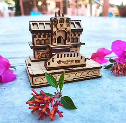 MAPPERZ Wooden Handcrafted 3D Badrinath Temple The Place of Peace in Wood Miniature Small | Shri Badrinath Temple for Gifting, ShowPiece, Temple, Car Dashboard (Beige, Set of 1)