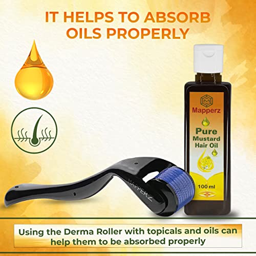 MAPPERZ derma roller 0.5mm for hair regrowth, needle roller hair growth with 540 Titanium micro needles for Scalp, Face & Beardm, 100% Pure Mustard Hair Oil for Hair Growth & Reduces Hair Fall, 100ml