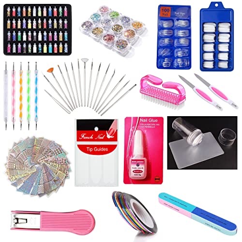 MAPPERZ 12 NAIL GLITTER, 48 NAIL GLITTER, 100 TRANSPARENT NAILS, 100 WHITE NAILS, 15 NAIL BRUSH, BIG GLUE, DOTTING PEN, FILER, NAIL TAPE, TIP GUIDE, BUFFER, STICKER, STAMP, NAIL BRUSH, NAIL CUTTER