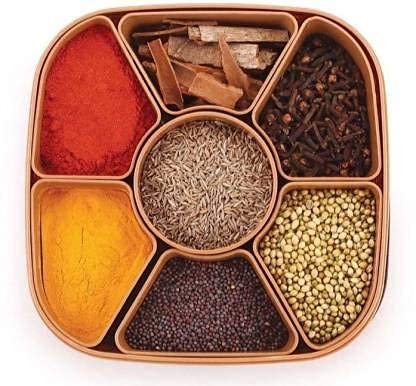 MAPPERZ Plastic Masala Rangoli Box for Keeping Spices Box for Kitchen Stylish Rangoli Dabba Container Multipurpose Masala Dabba 7 Sections Box Set - Brown (Masala Box - 7 in 1)