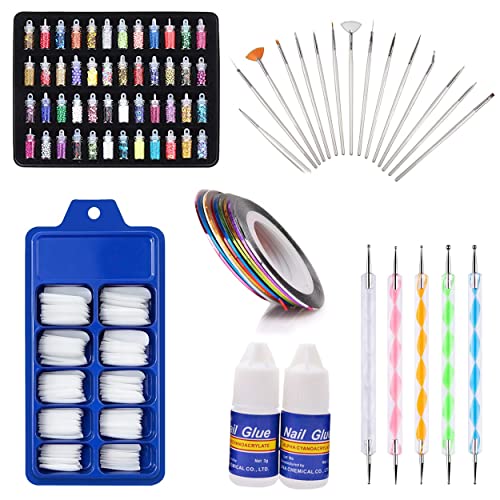 MAPPERZ 48 Jars Fine Color Nail Art Glitter, 100 Transparent Acrylic Nails, 15 Pieces Nail Art Brush Set, 5 pc 2 Way Dotting Pen Tool Nail Art, 10 Rolls Self Adhesive Nail Tape Line, 2 Small Nail Glue