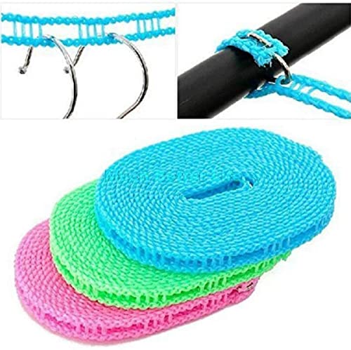 MAPPERZ Windproof Anti-Slip Clothes Washing Line Drying Nylon Rope with Hooks/Nylon Clothesline Rope - 5 Meter (Multicolor
