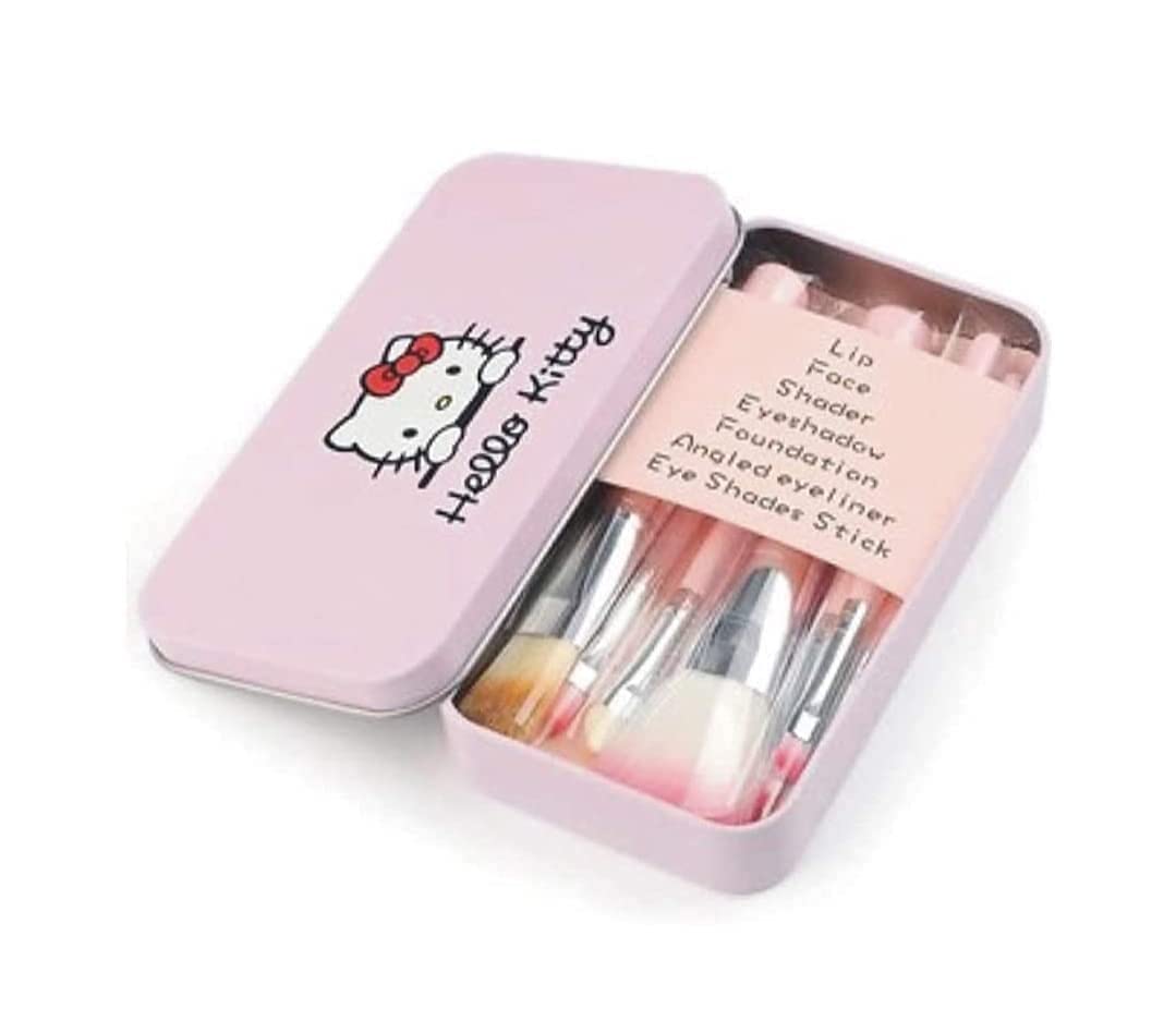 MAPPERZ Makeup Brush Set with Hello Kitti Print Storage Box/Anti Microbial Foam Makeup Brush - Pink and Black (Set of 7)